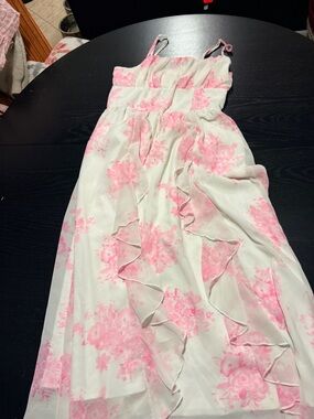 White and Pink Floral Ruffle Midi Dress